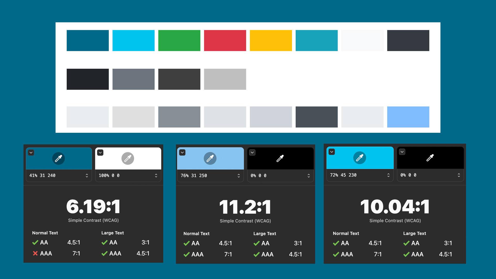 Understand the Science's palette was based off of Bootstrap. A contrast test was done with Stark and WebAIM to make sure it passed WCAG 2.1.