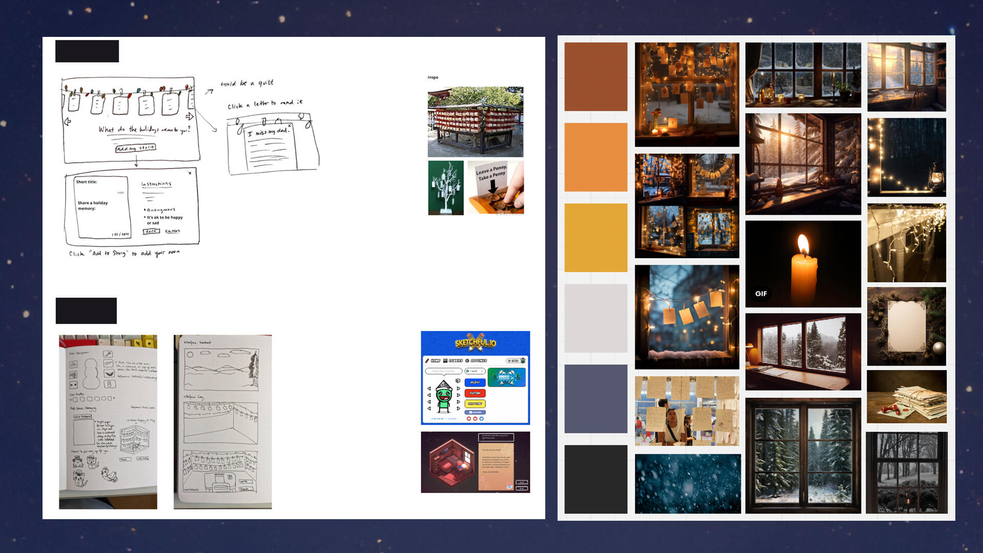 Various screens of sketches and inspirations for the "Holiday Voices" project