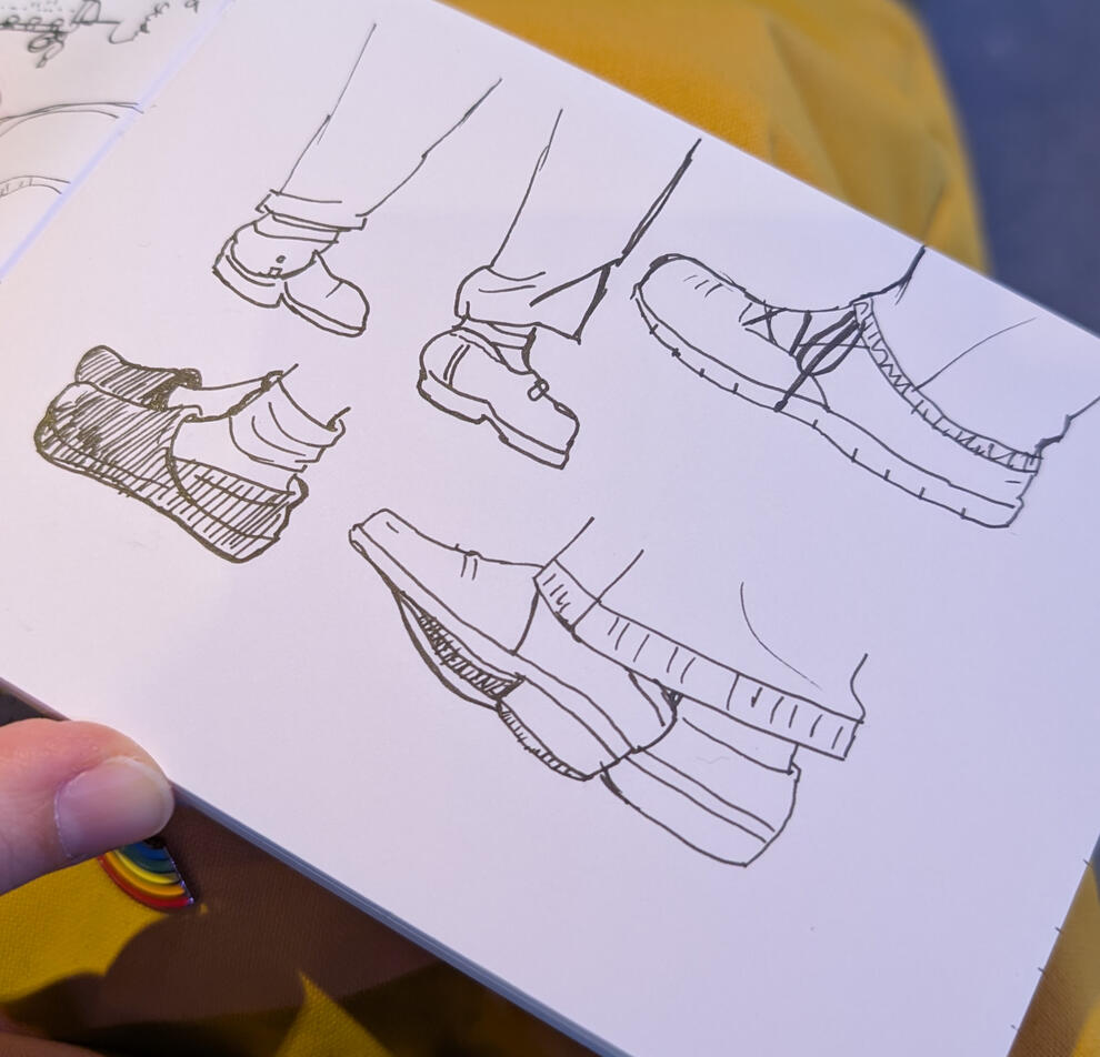 A sketchbook showing different angles of a variety of shoes.