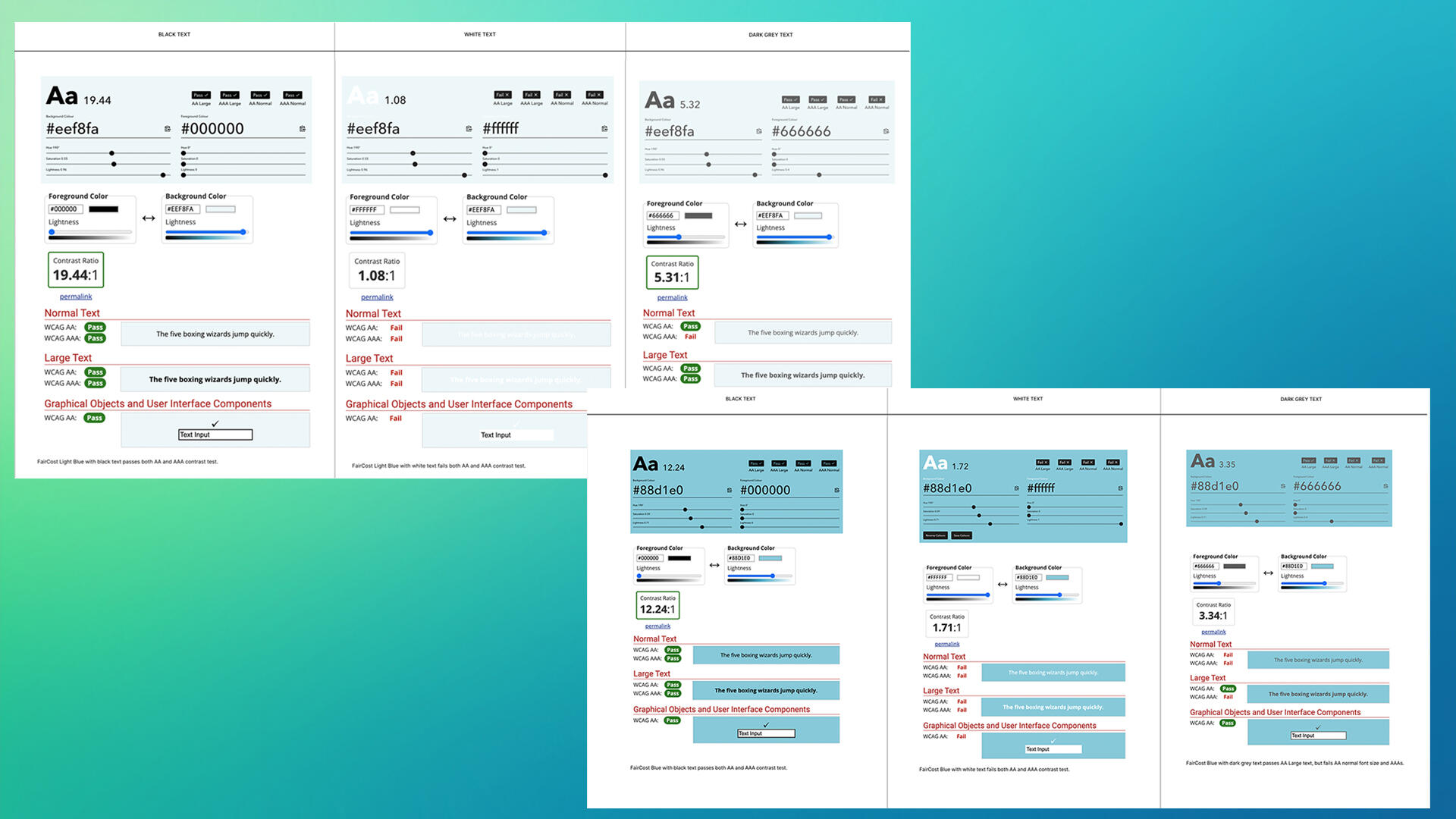 Two screens showing the contrast check for EqualPrice's light blue with screen shots from ContrastChecker and WebAIM.