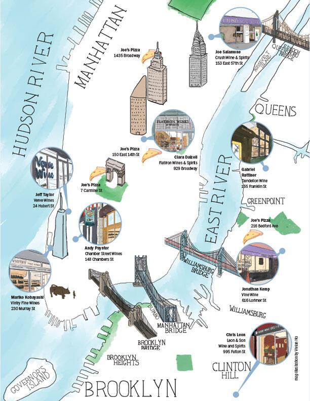 A top down digital illustration of Manhattan, Brooklyn and Queens, showcasing famous landmarks, bridges and mentioned wine shops in Wine & Spirits' June 2018 feature story, "Retailer Challenge: The NY Slice."