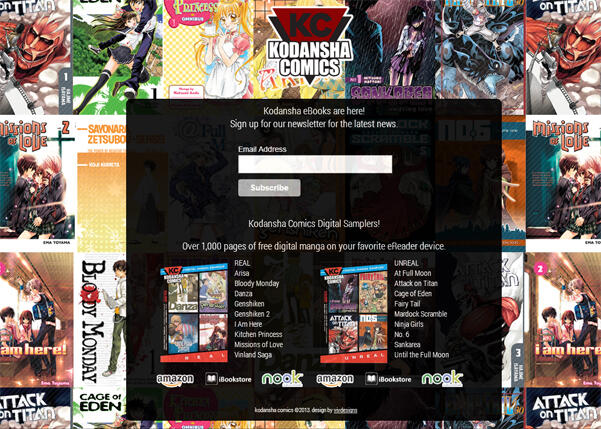 Website design of Kodansha Comics' ePublishing platform on a webpage.