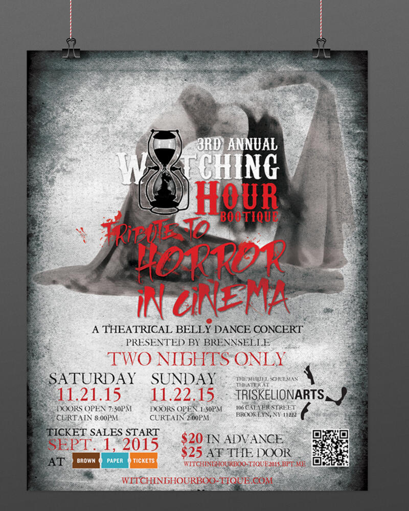 A poster promoting the 3rd Annual Witching Hour Boutique, a theatrical belly dance concert presented by Brennselle. The theme is "Tribute to Horror in Cinema."