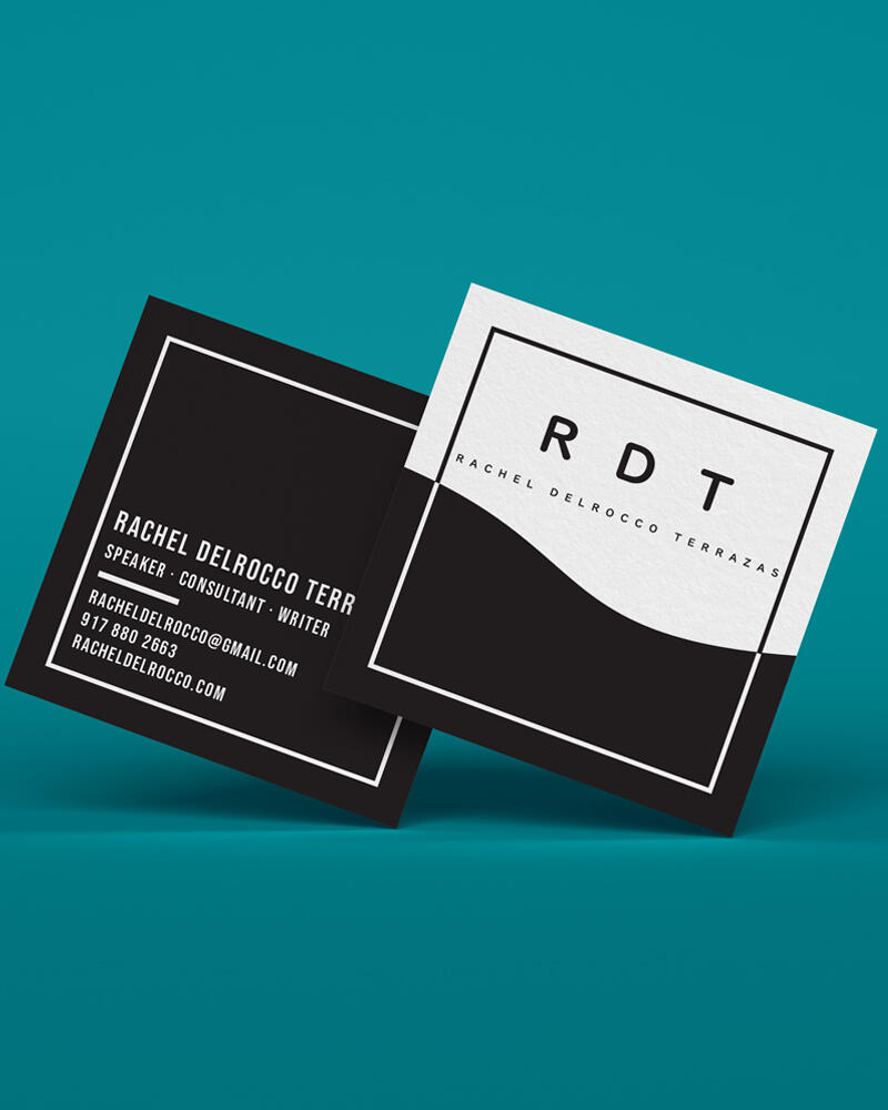 Design of Rachel DelRocco Terrazas' personal business card with her logo in black and white. The logo shows a smooth motion of liquid.