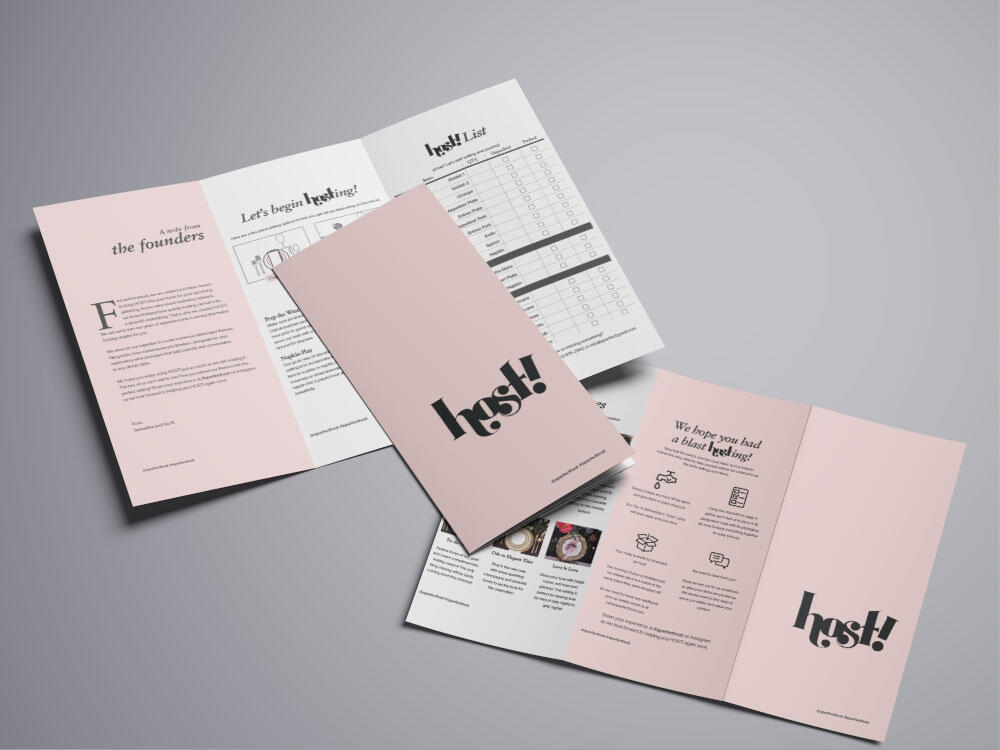 Host! pamphlet laid out in opened and closed tri-fold, showing instructions and a checklist of table setting items.
