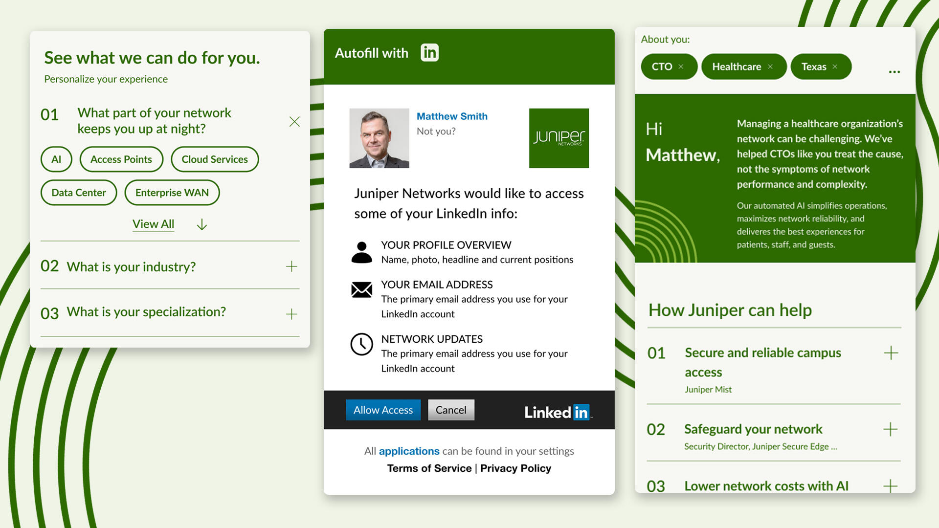 Key features from the decision maker's user journey, starting with the conversation prompt, leading to integrate his LinkedIn ac