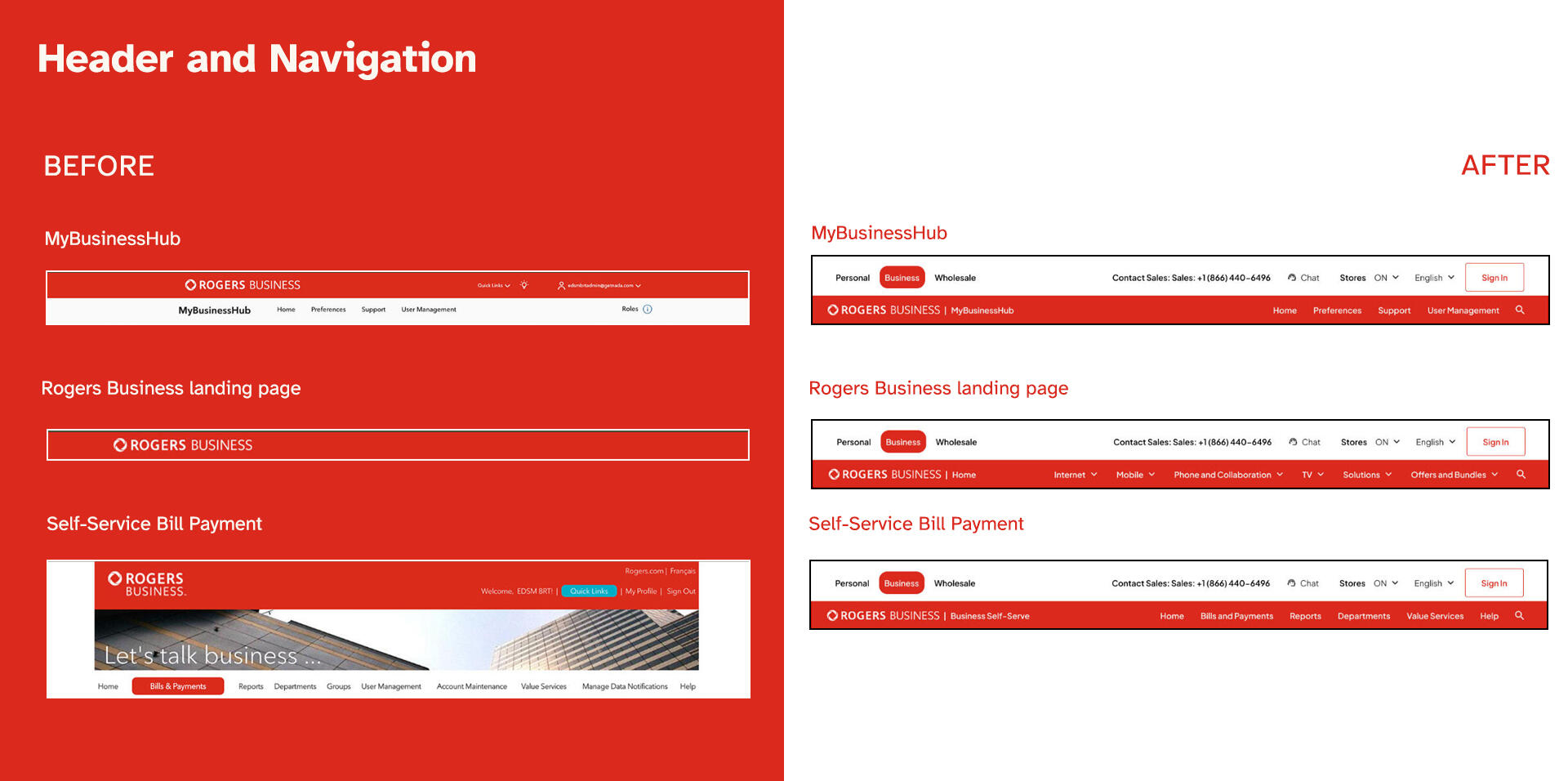 Navigation comparisons between Rogers current state to the proof of concept redesign.