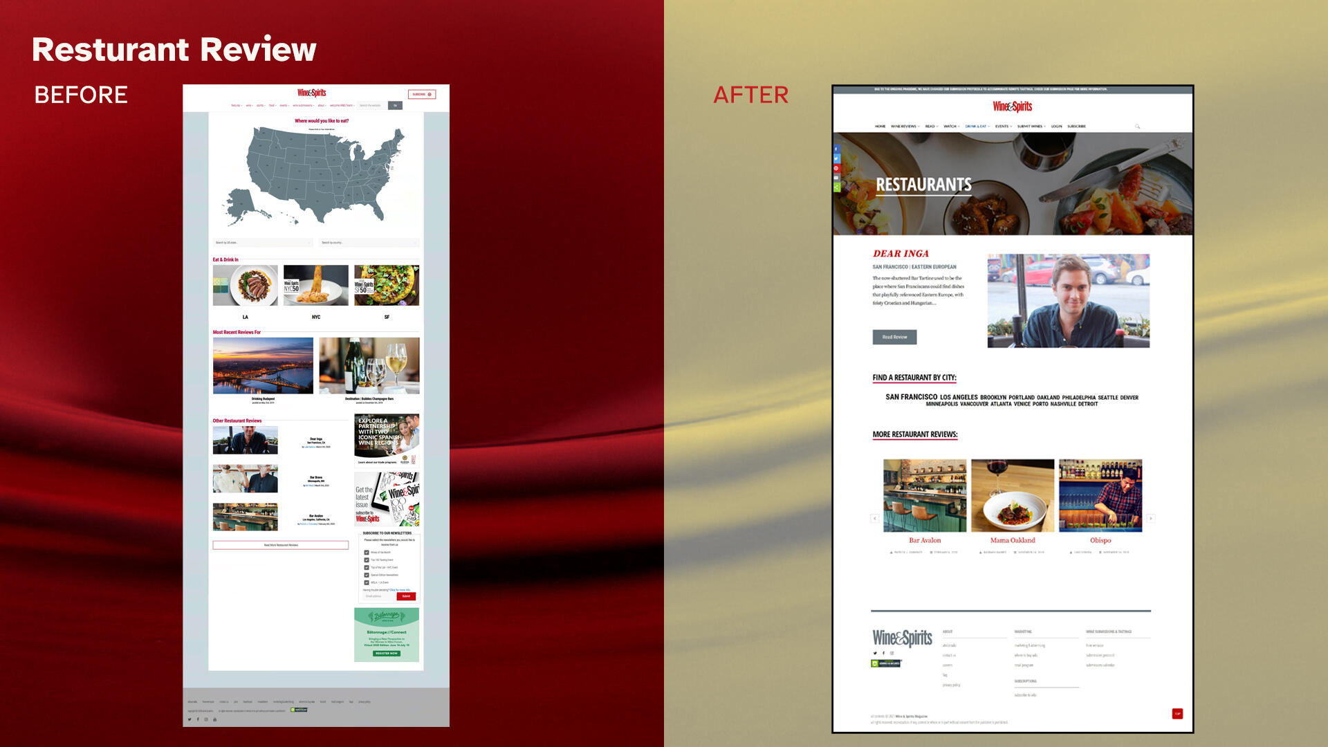 Two screens are side by side, the left one showing the older version of Wine and Spirits' Dining Reviews page with a map of the United States and city categories at the bottom; to the right, an updated version sans map and with the latest restaurant review
