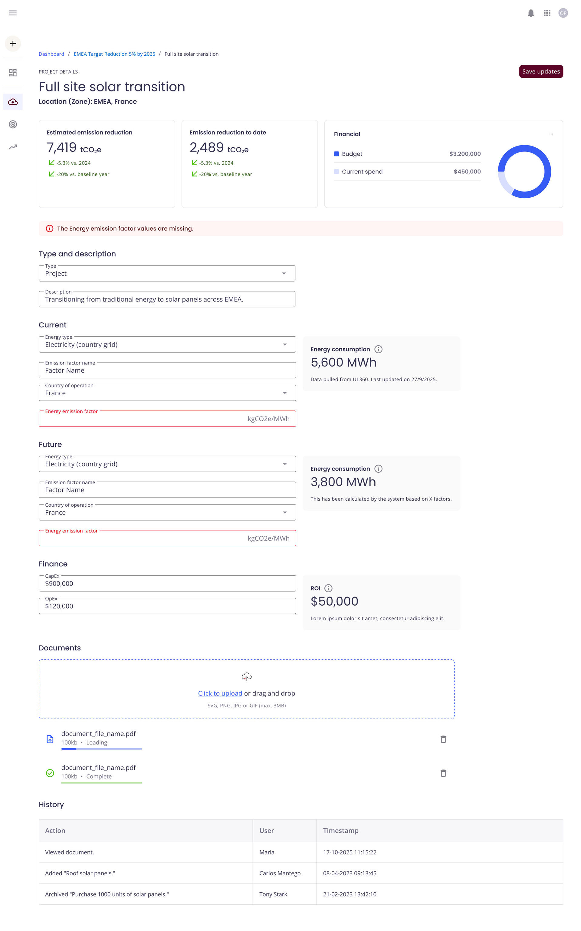 A page to edit a decarbonization project details. There's several fields that's filled out and some empty.