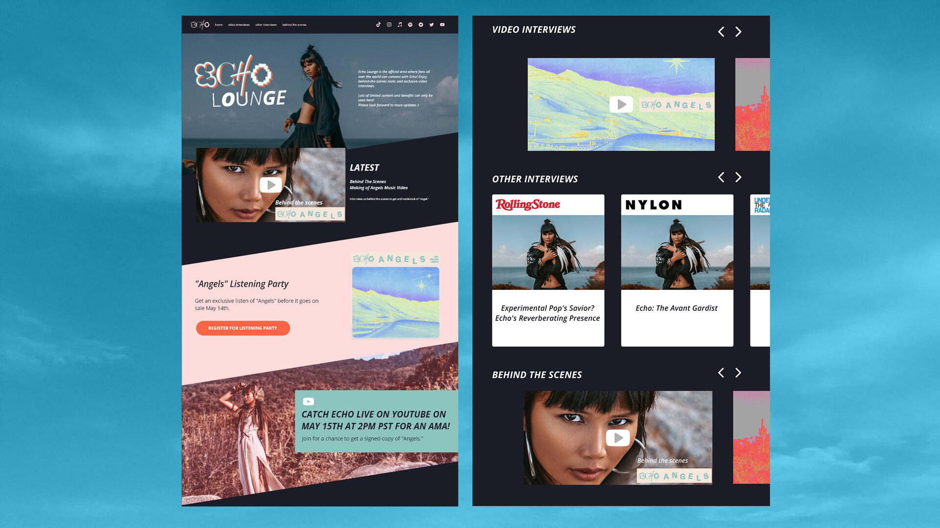 HiFi design of Echo's fan-only website, Echo Lounge, with behind-the-scenes footage, listening party for "Angels" and a promotional section for her upcoming YouTube live performance.