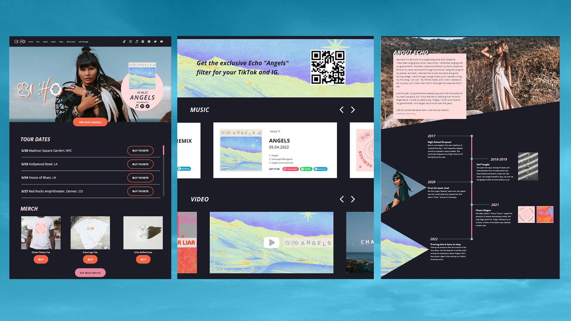 Proof of concept of Echo's website showing her upcoming single release, "Angels." The pieces show her tour dates and merchandise, discography, music video and a timeline of Echo's career. The website background is a dark blue with white text and orange cal