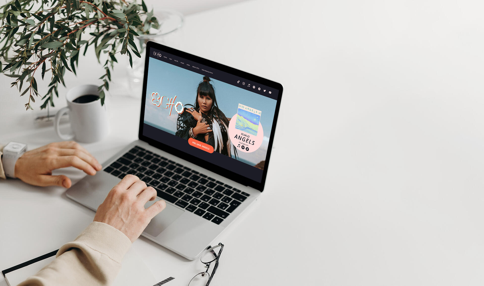 Person using a laptop with Echo's mockup website on screen.