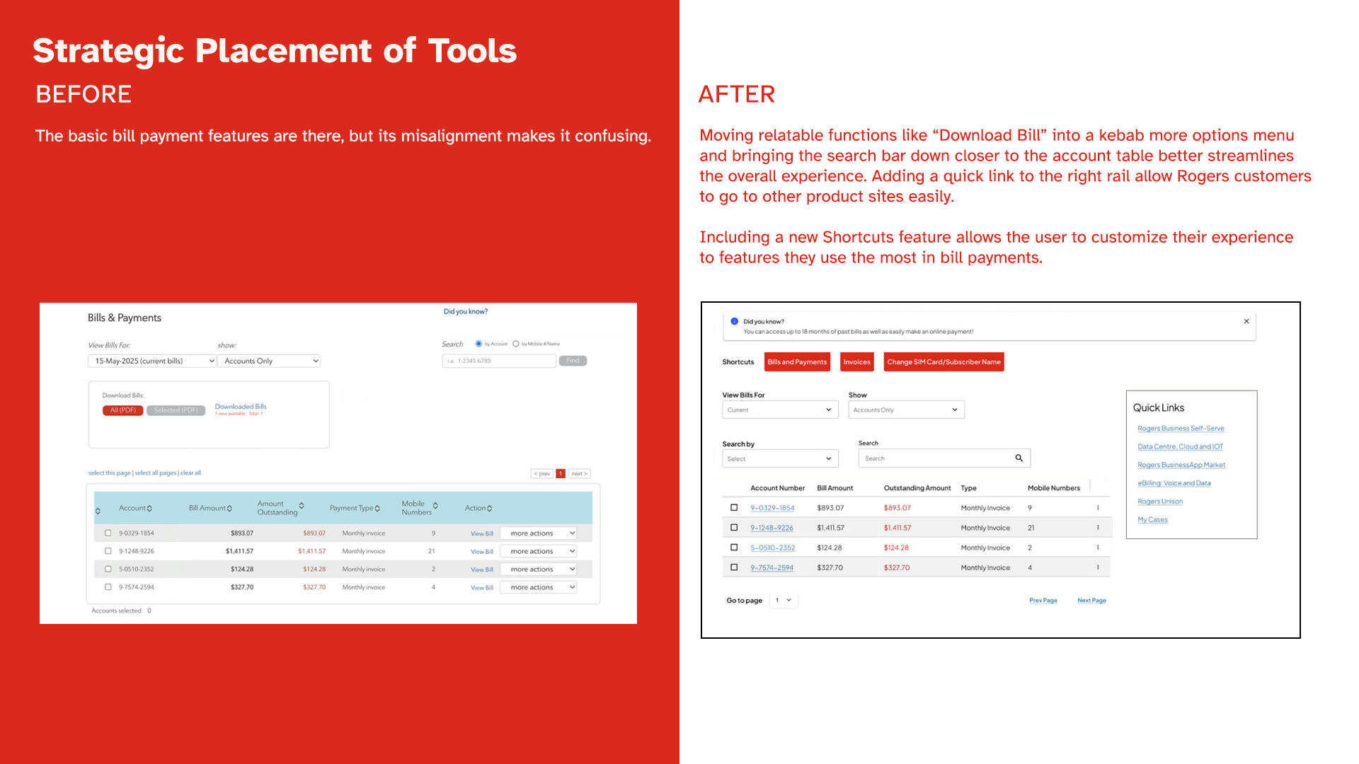 Layout comparison between Rogers Billing page to the proof of concept design with a cleaner UI.