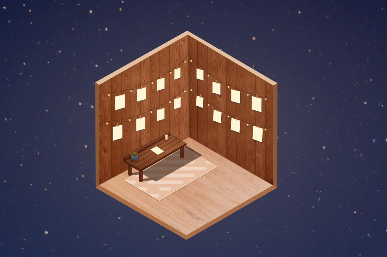 A small diorama-like room in the middle of a sea of stars. The room has a wooden table with a stack of paper in the middle and the walls are decorated with fairy lights and clothes pinned letters.