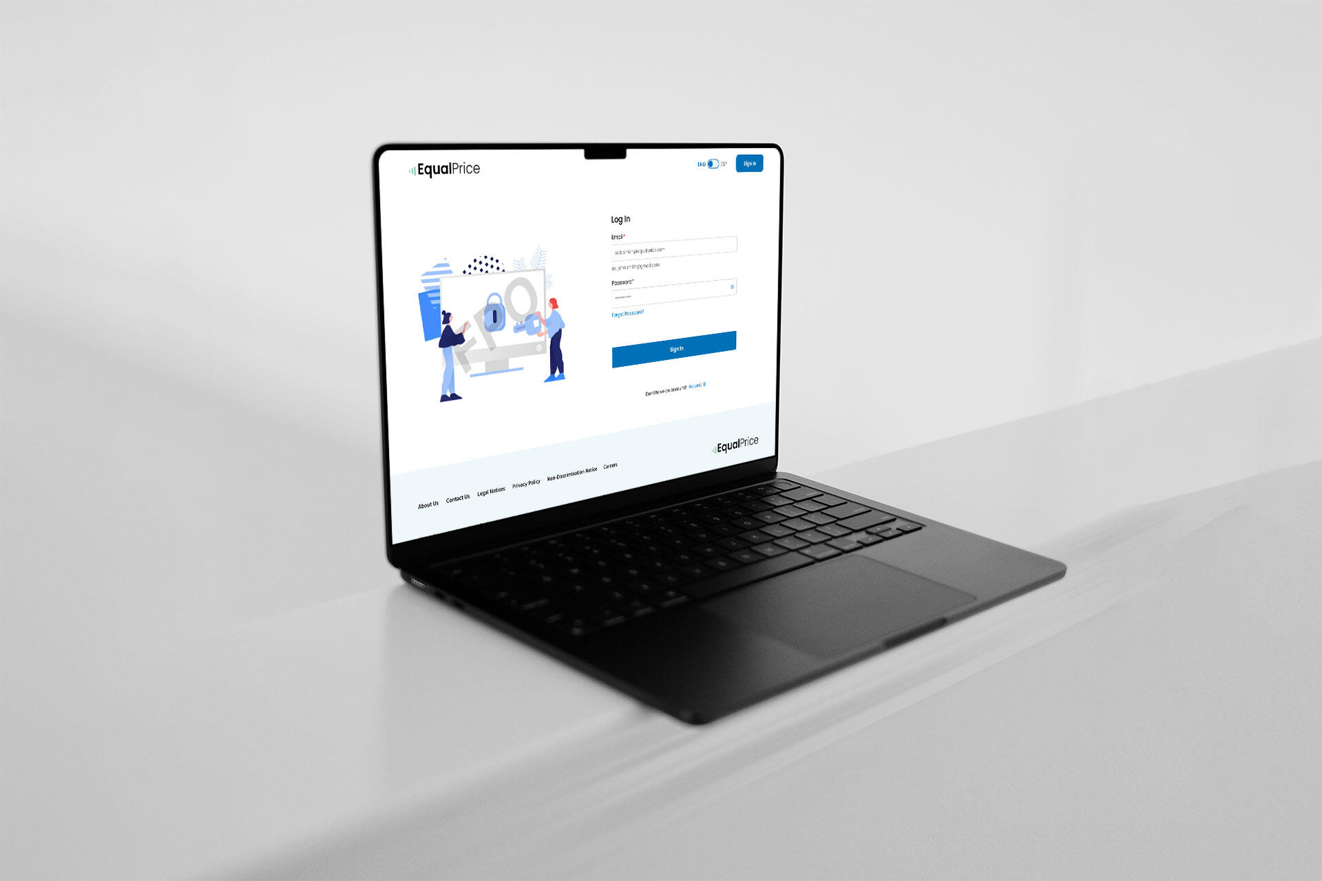 Back of a female's head looking at a computer screen showing a login page.