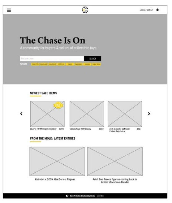 Low fidelity wireframe of homepage.