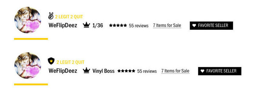 Screenshots of a seller's information, from rank, reviews and a button to favorite the seller.